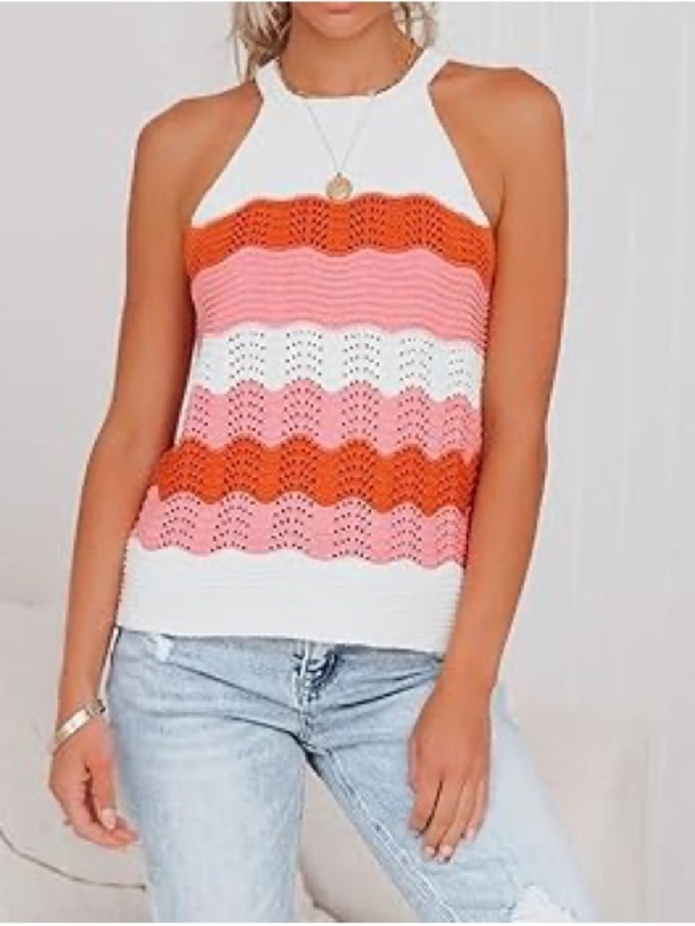 Striped Summer Sleeveless Crochet Halter Tank Top - Pink & Orange